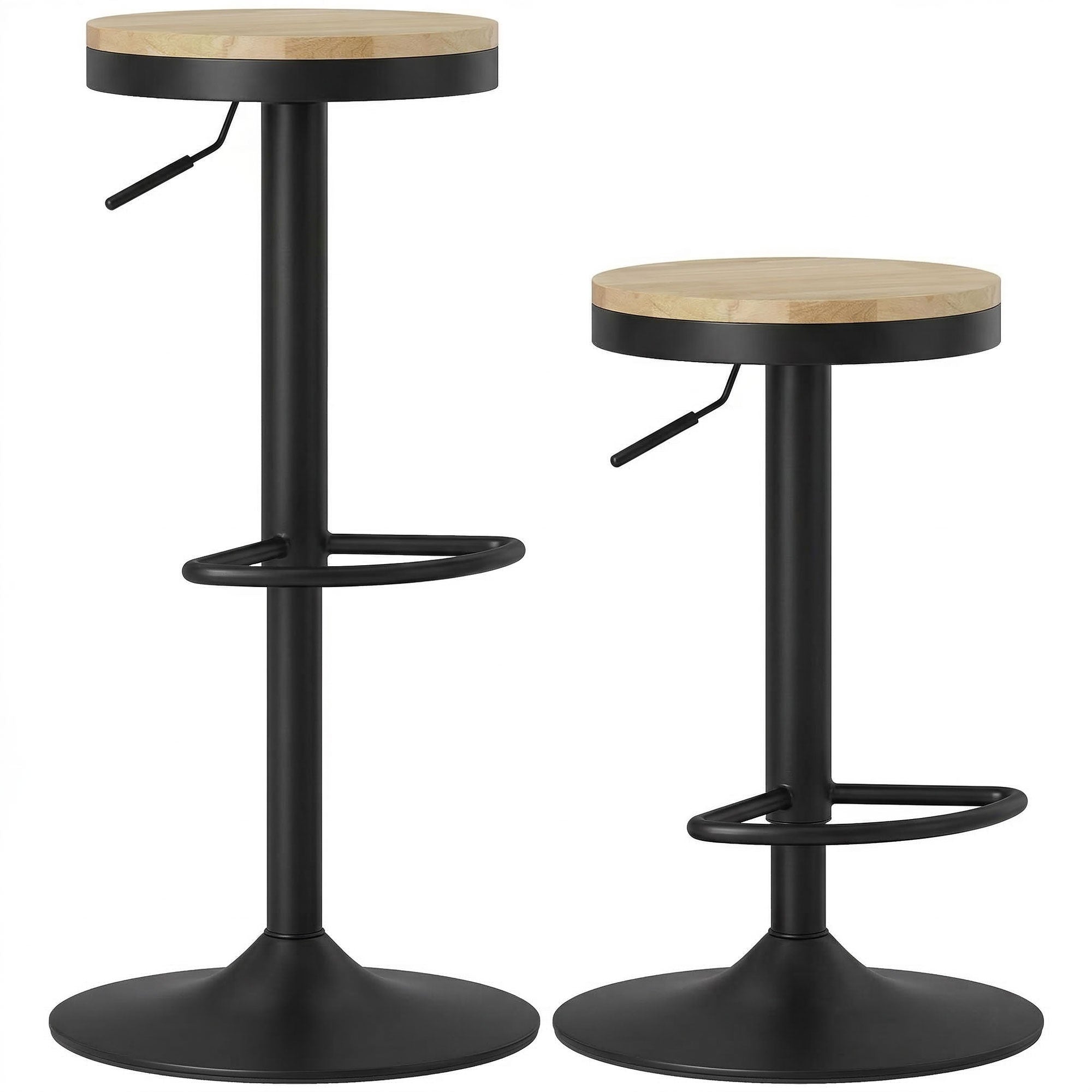Set of 2 Adjustable Swivel Bar Stools with Wood Seat, Counter Height, Natural & Black