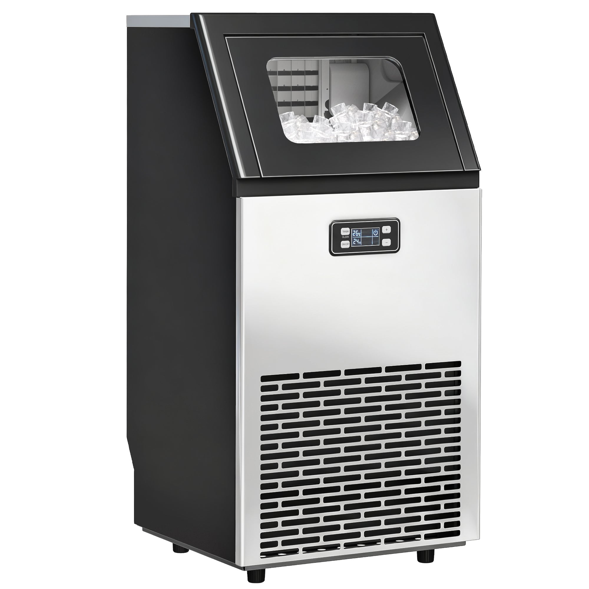 Commercial Ice Maker Machine, Freestanding Stainless Steel Ice Machine with Self-Cleaning, LCD Display, 45kg/24 Hours and 11kg Storage for Home, Office, Bar, Restaurant