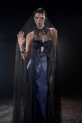 Haunted Silk Strapless Corset Maxi Dress With Black Spiderweb Veil