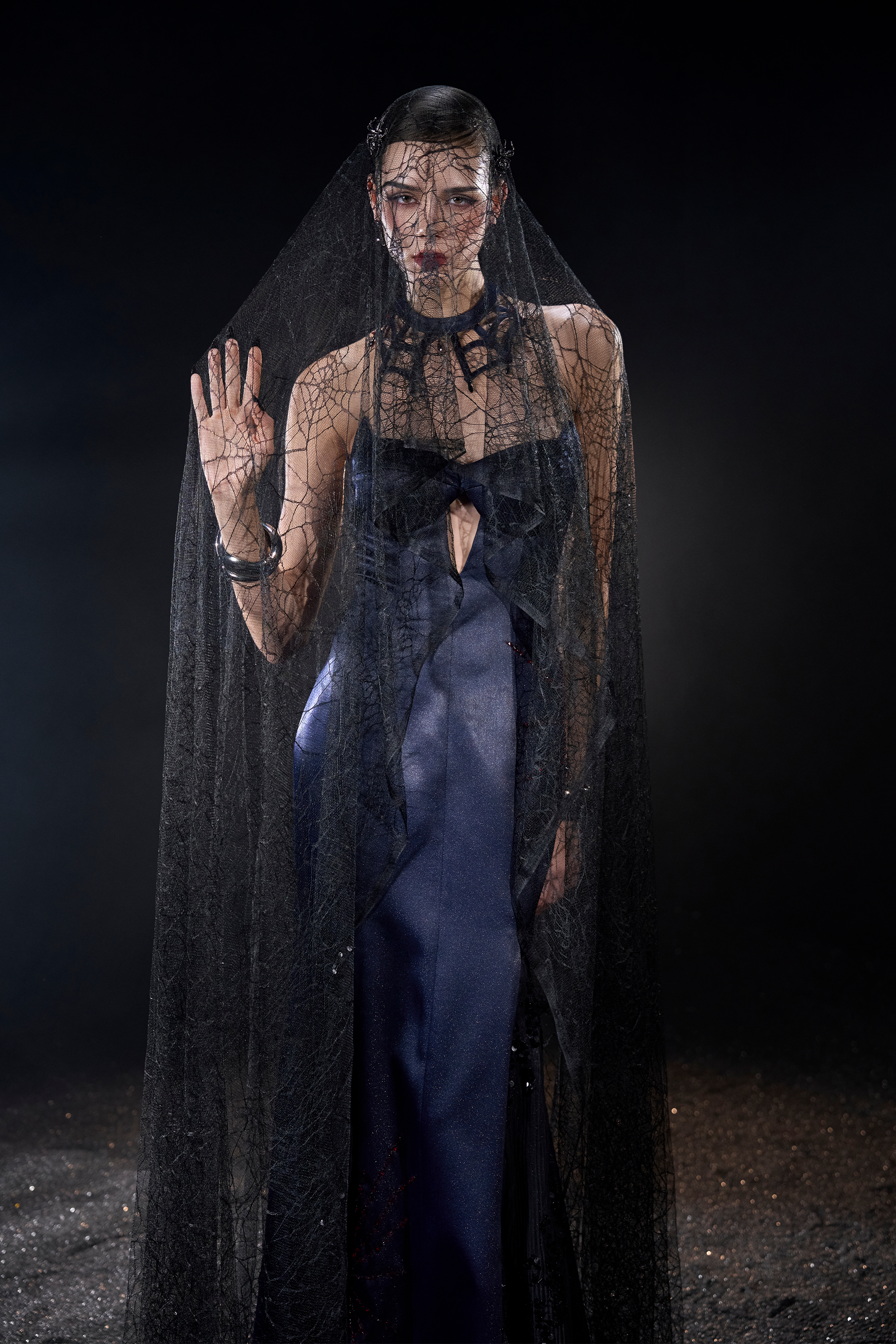 Haunted Silk Strapless Corset Maxi Dress With Black Spiderweb Veil
