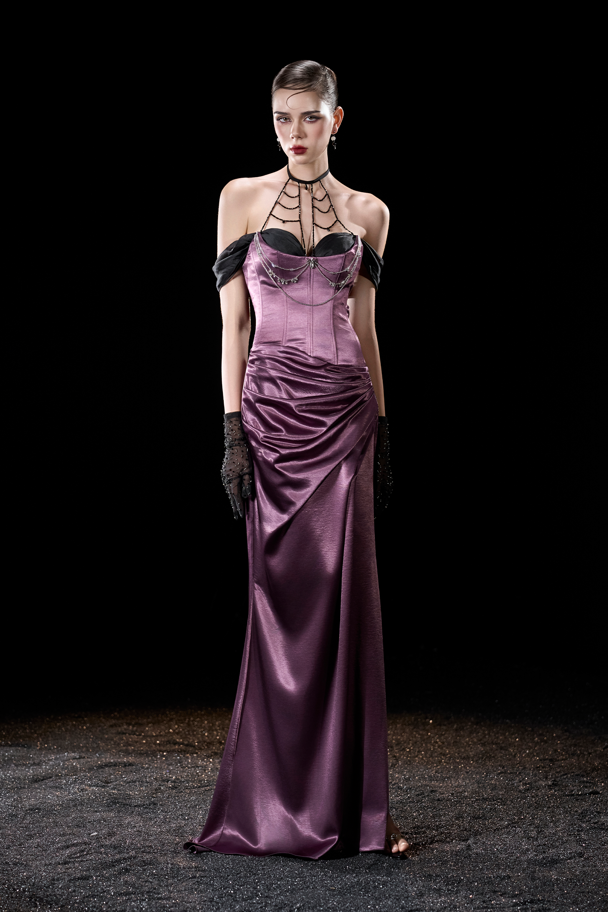 Onyx Silk Corset Maxi Dress With Beaded Spiderweb Strap Neckline