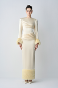 Valentina Round Neckline Long Sleeves Bodycon Maxi Dress With Feathers