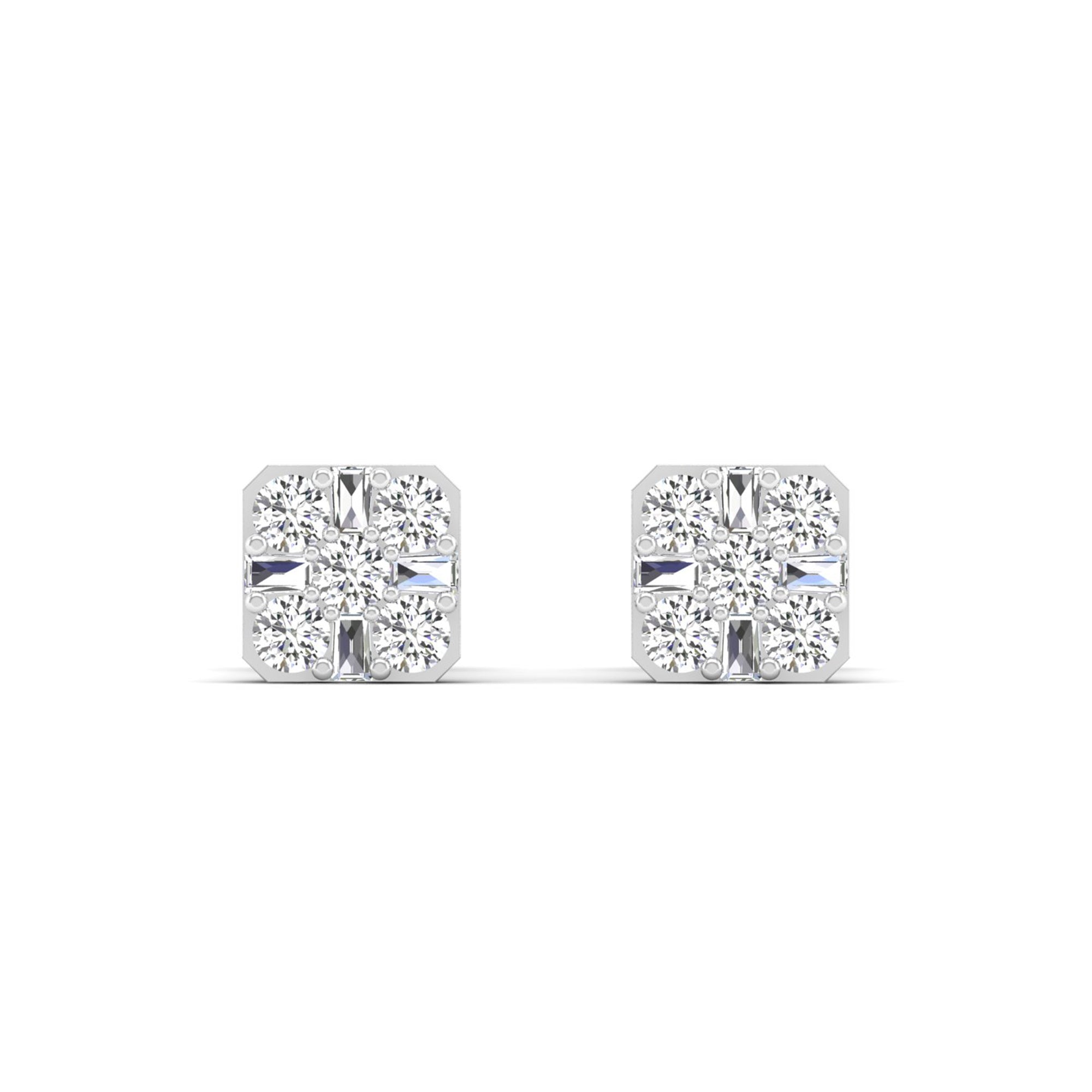 Square Baguette and Round Diamond Stud Earrings