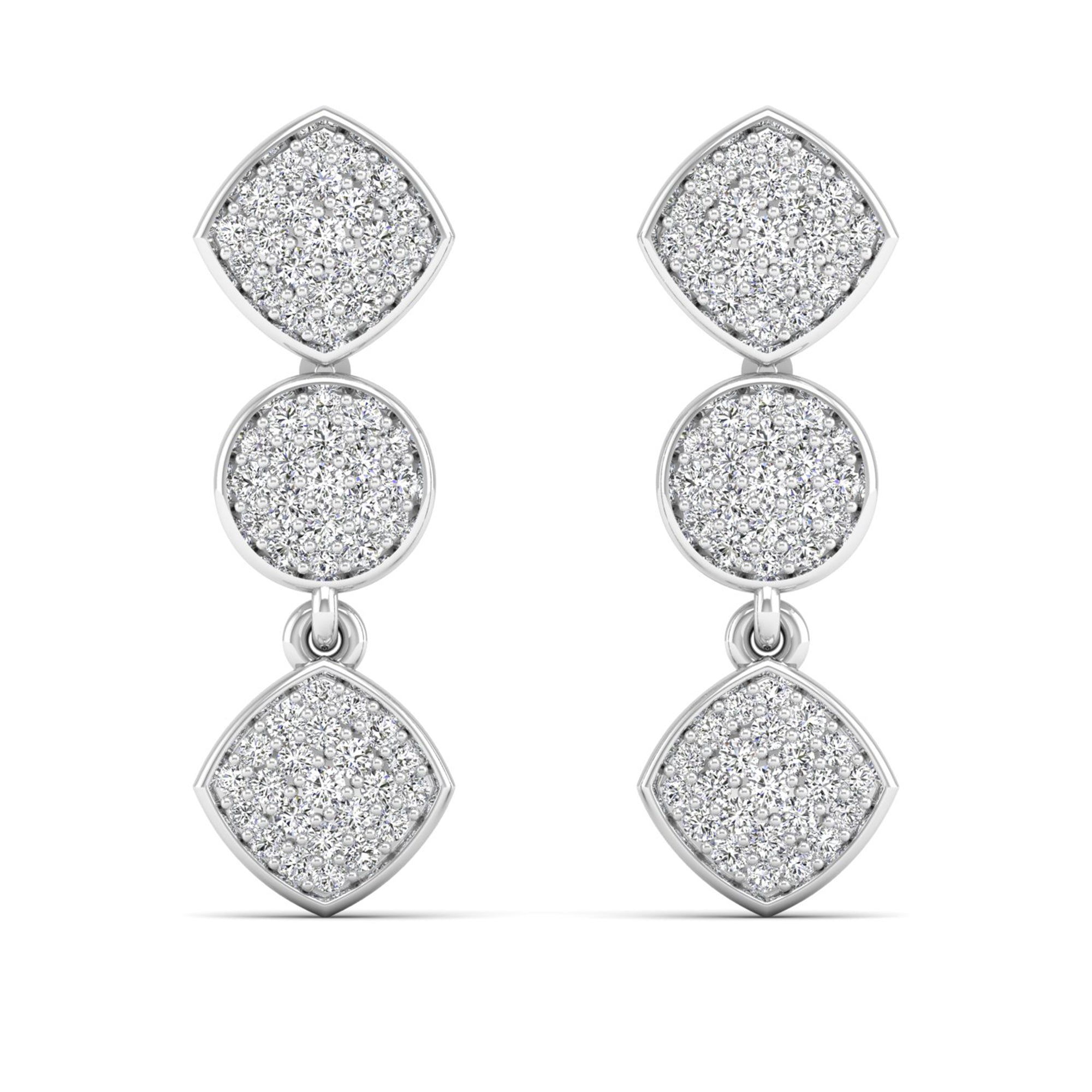 Round and Square Diamond Cluster Drop Earrings