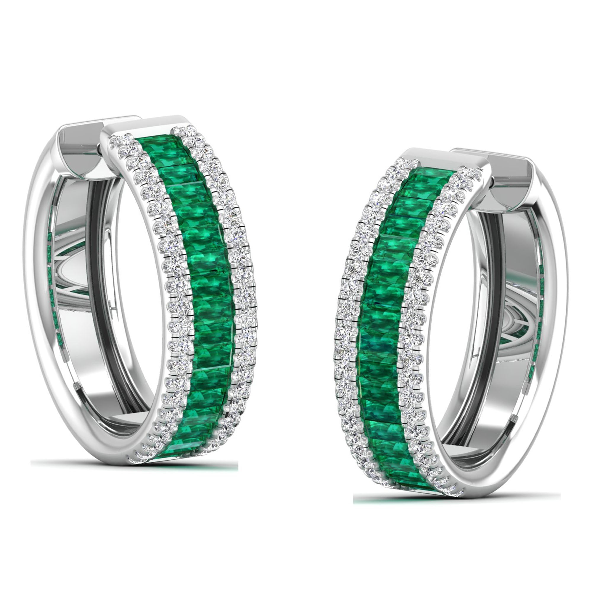 Channel Set Baguette Emerald and Diamond Hoop Earrings