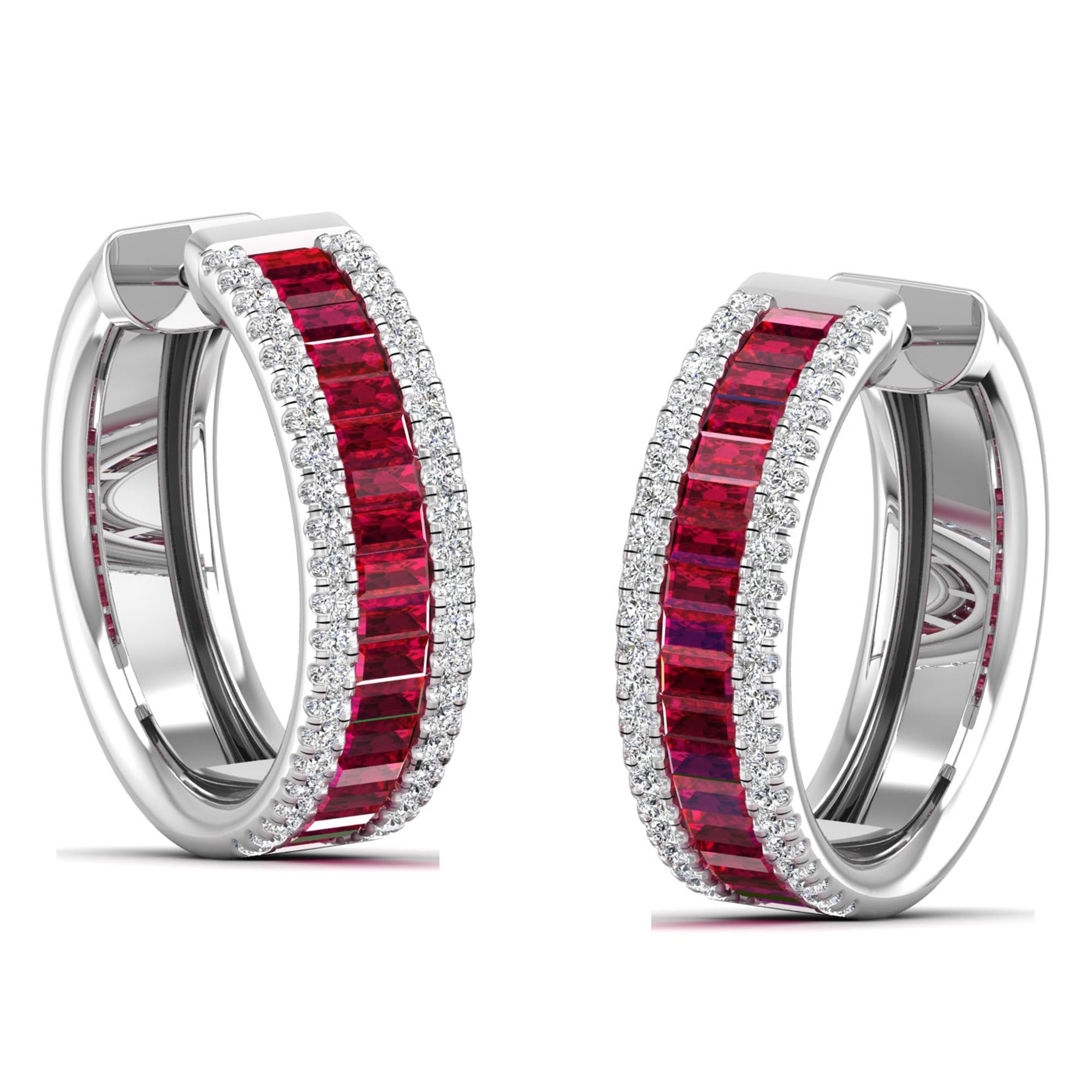 Channel Set Baguette Ruby and Diamond Hoop Earrings