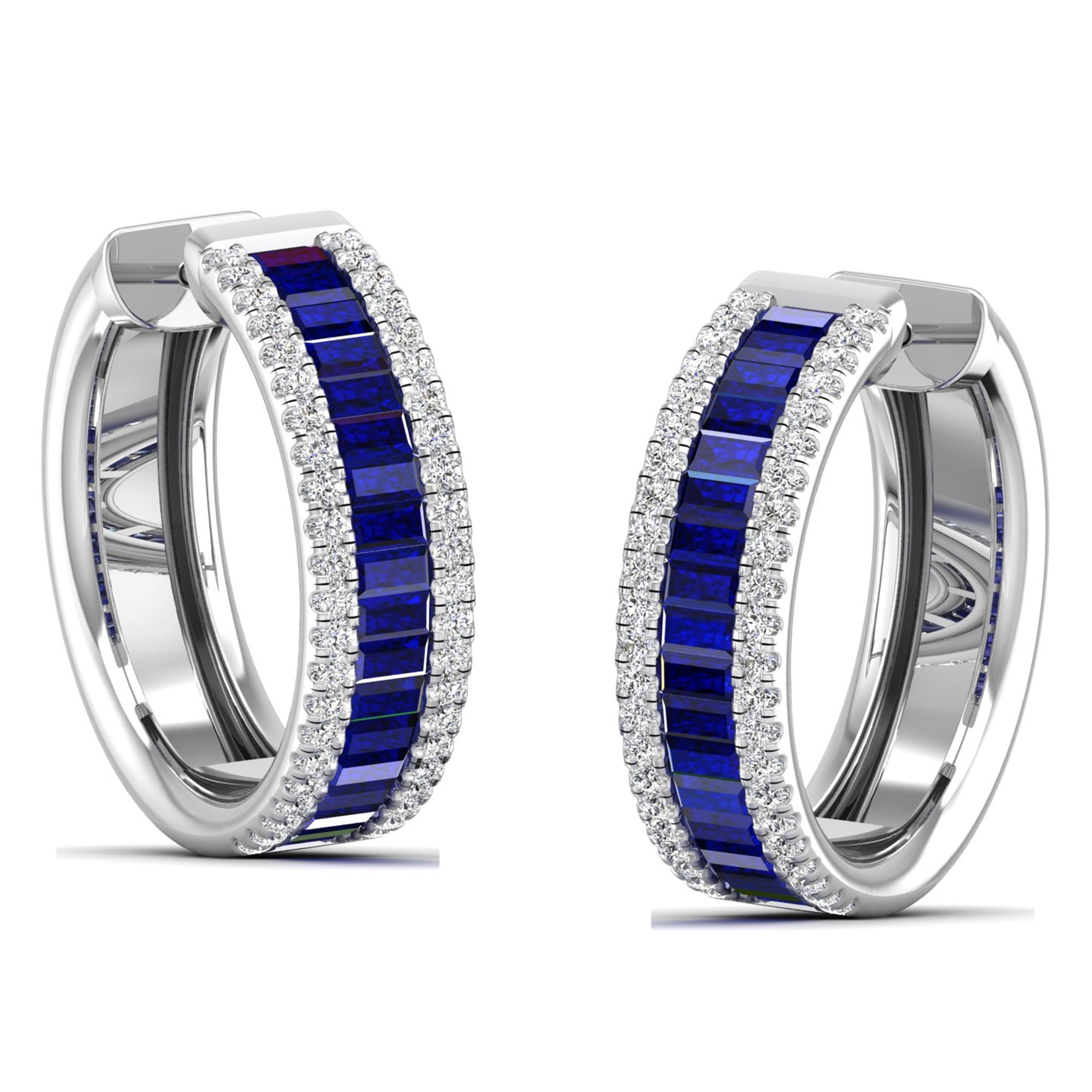 Channel Set Baguette Sapphire and Diamond Hoop Earrings