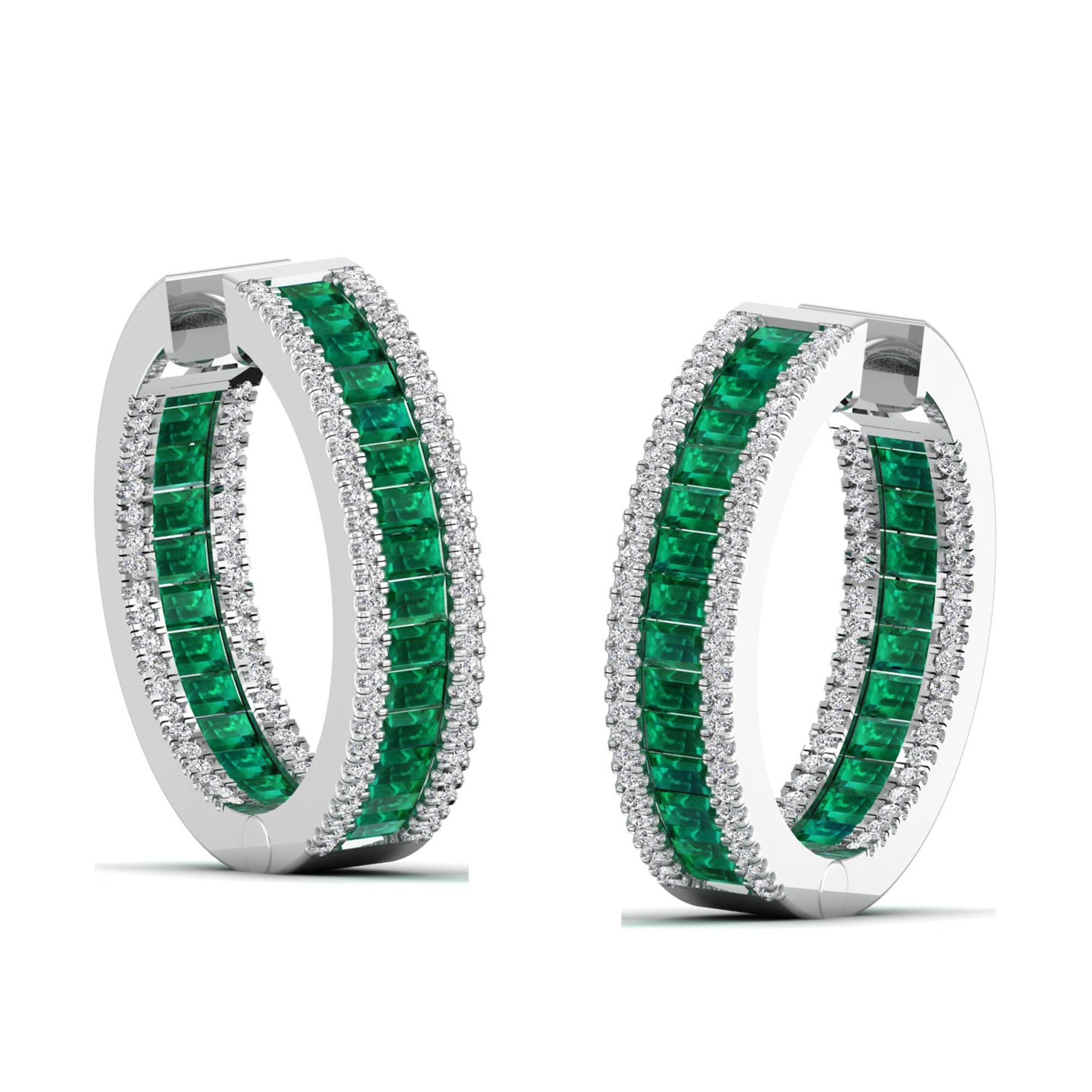 Triple Row Baguette Emerald and Diamond Hoops