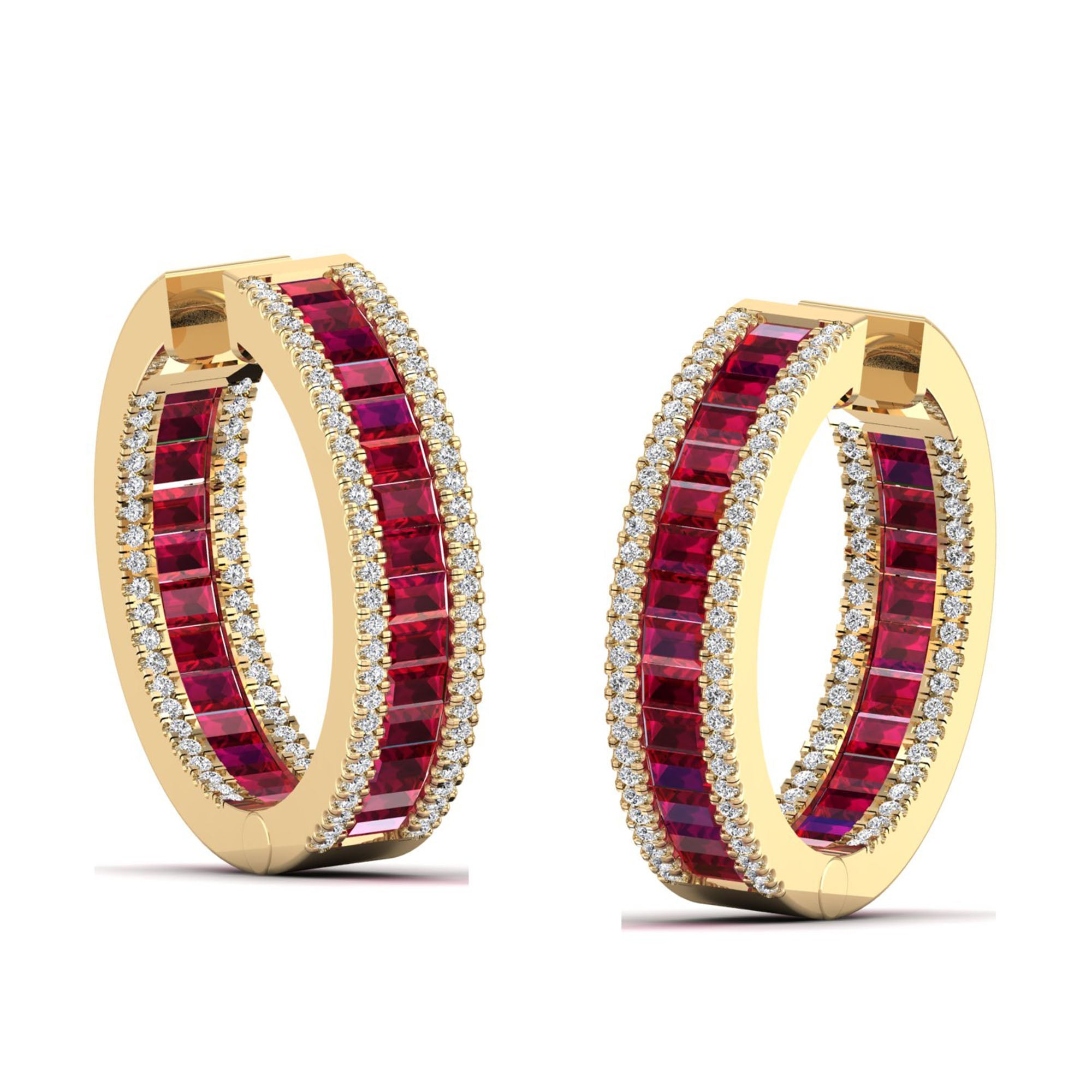 Triple Row Baguette Ruby and Diamond Hoops