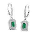 Emerald and Double Halo Diamond Drop Earrings