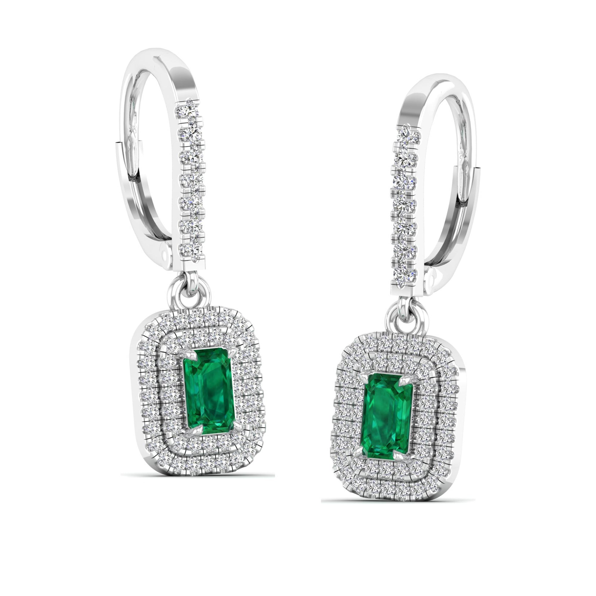 Emerald and Double Halo Diamond Drop Earrings