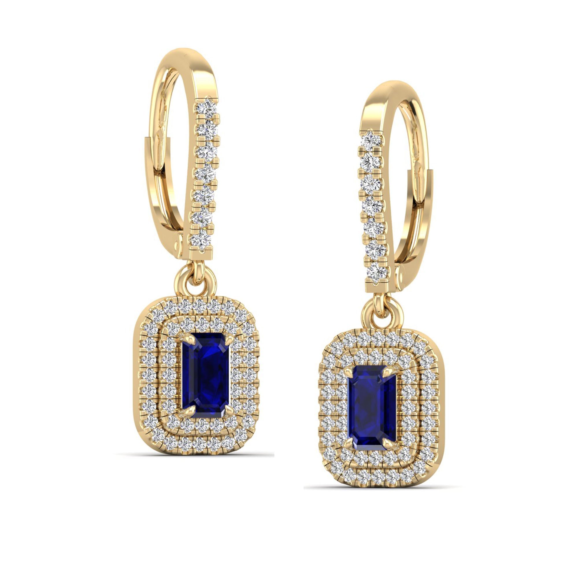 Sapphire and Double Halo Diamond Drop Earrings