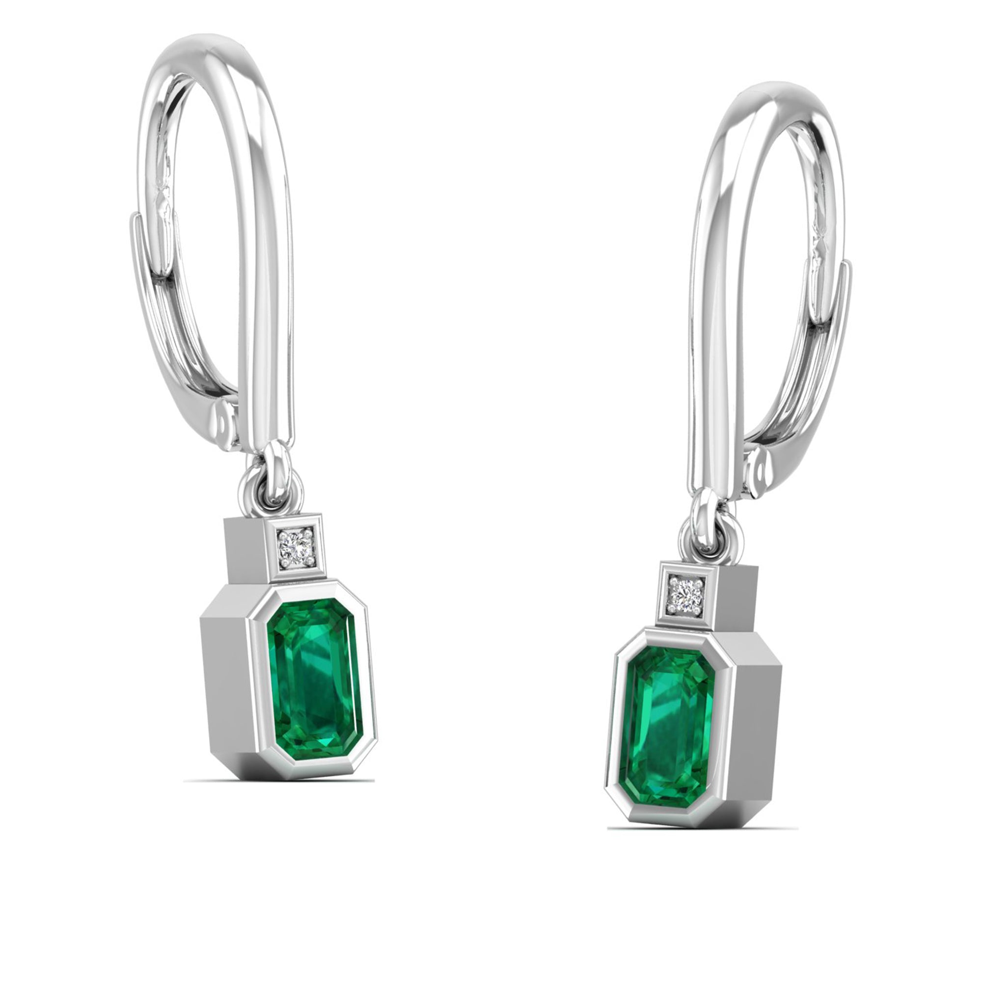 Bezel Emerald and Diamond Dangle Drop Earrings