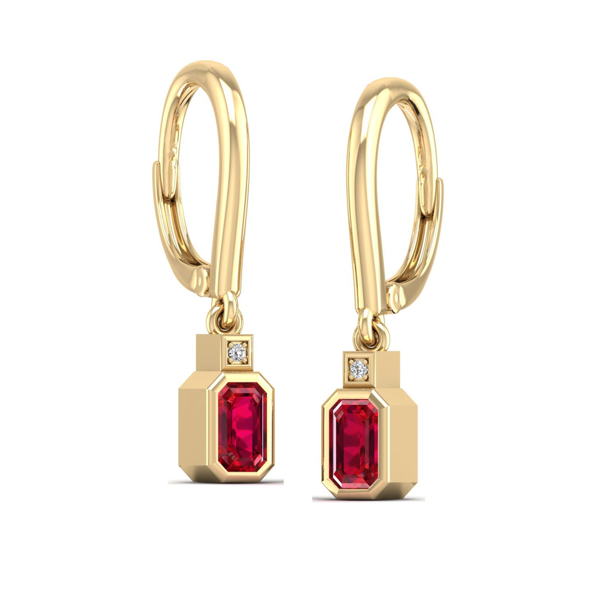 Bezel Ruby and Diamond Dangle Drop Earrings
