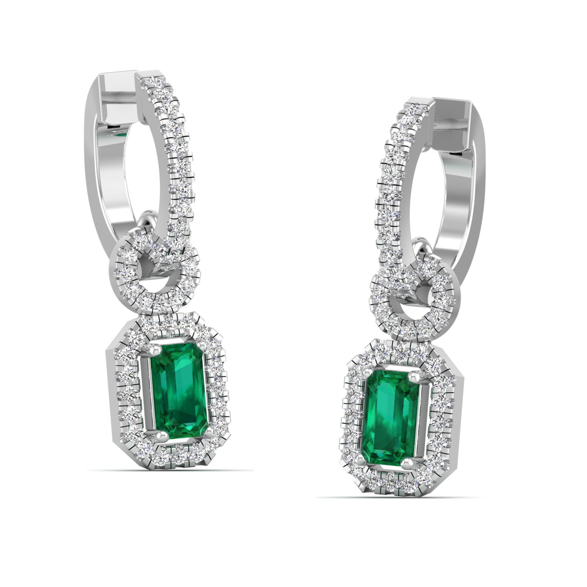 Emerald and Halo Diamond Dangle Earrings