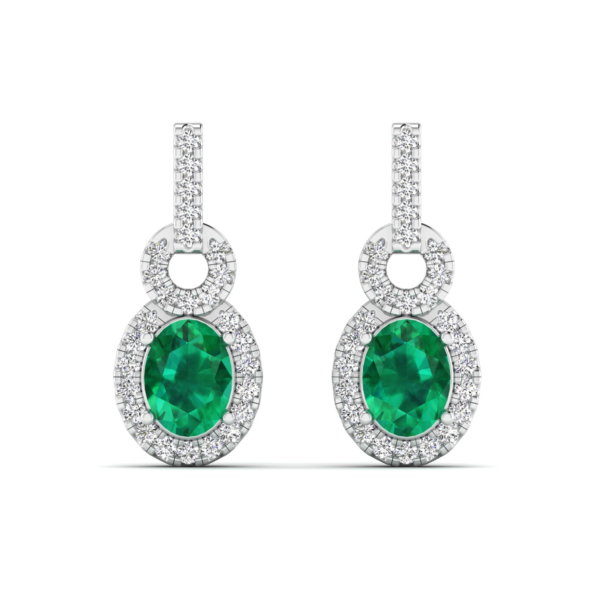 Oval Emerald and Halo Diamond Dangle Drop Earrings