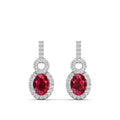 Oval Ruby and Halo Diamond Dangle Drop Earrings