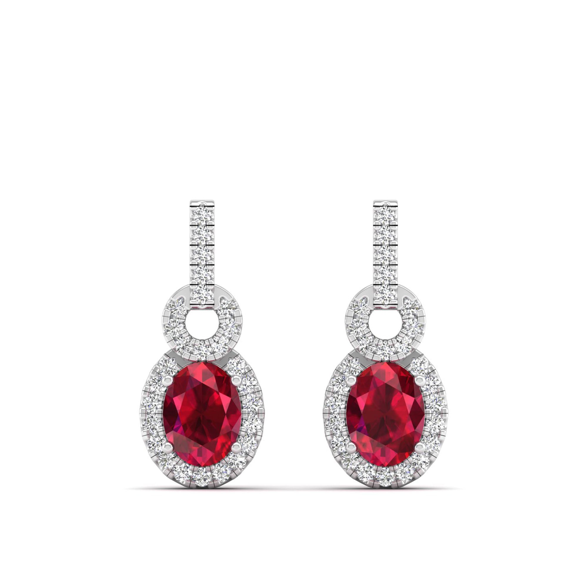 Oval Ruby and Halo Diamond Dangle Drop Earrings