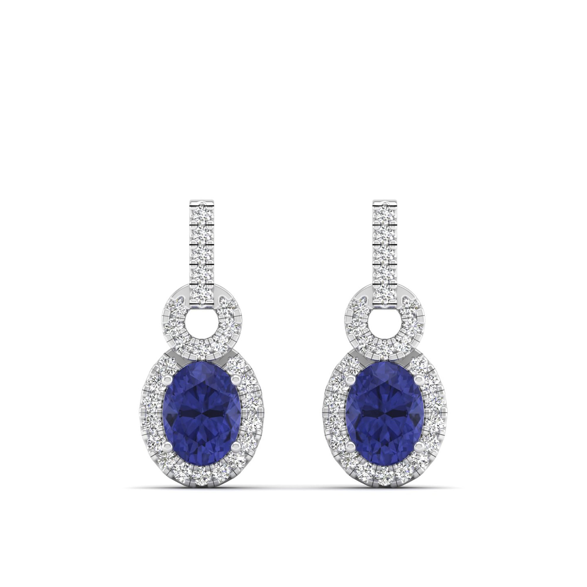 Oval Tanzanite and Halo Diamond Dangle Drop Earrings