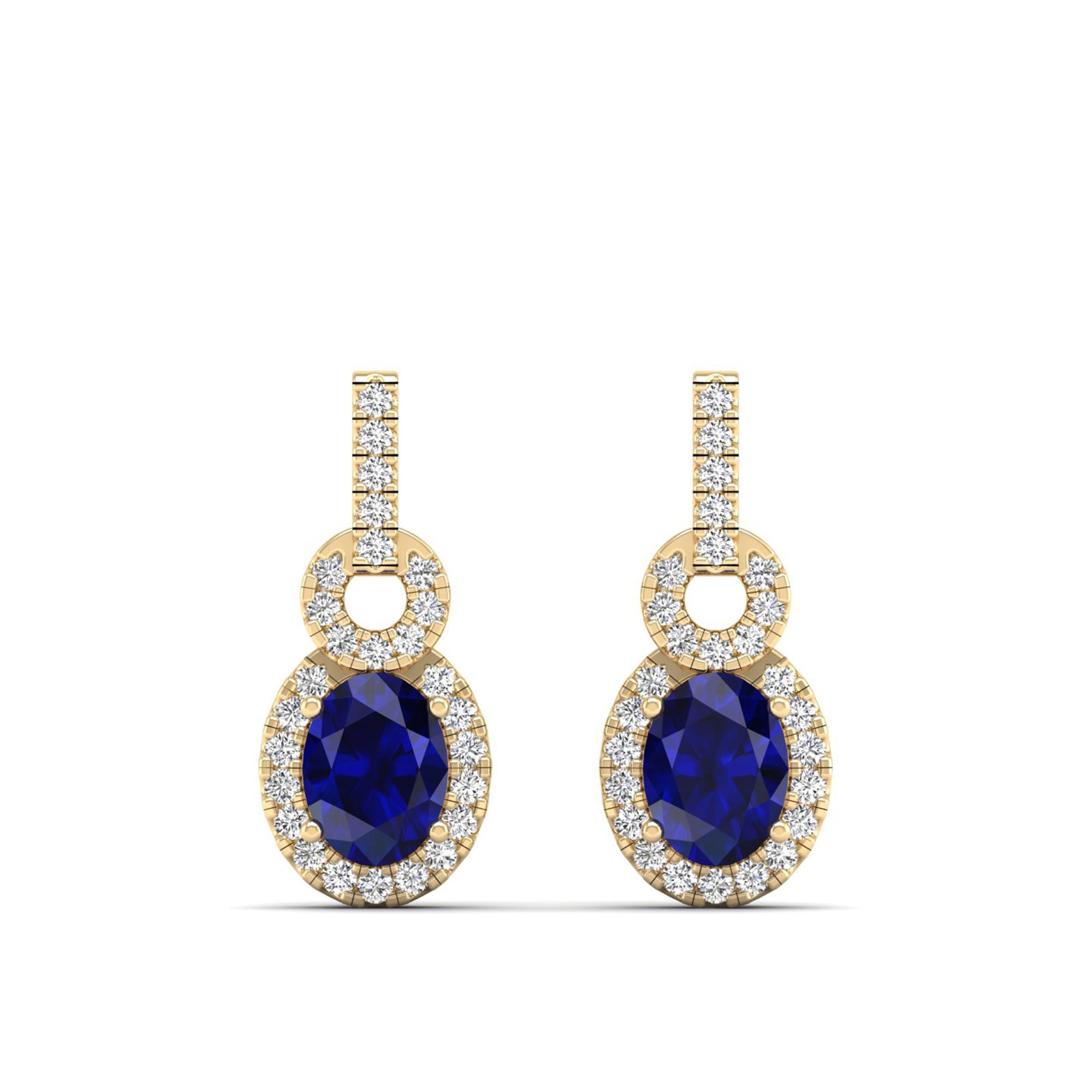 Oval Sapphire and Halo Diamond Dangle Drop Earrings