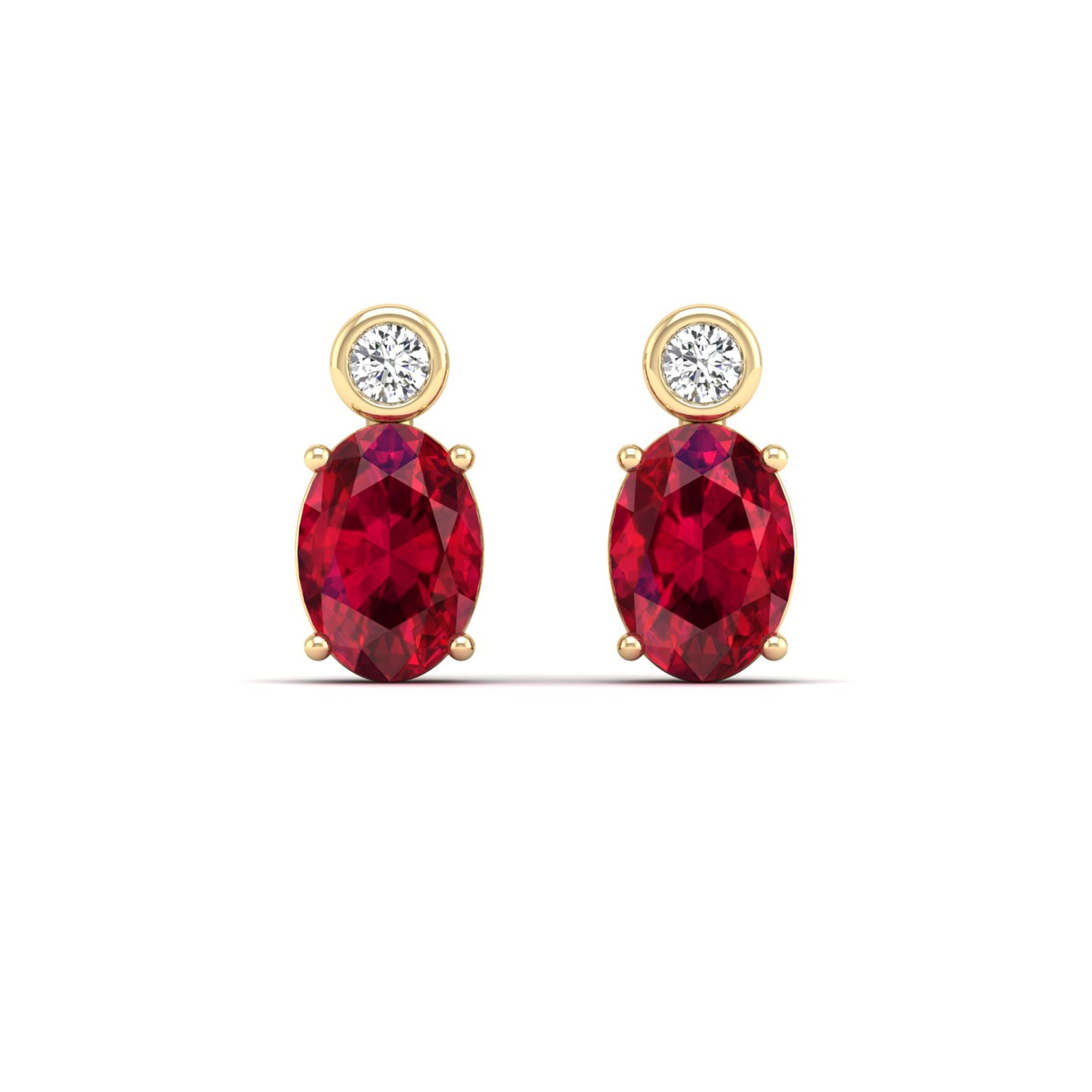 Oval Ruby and Bezel Diamond Studs Earrings
