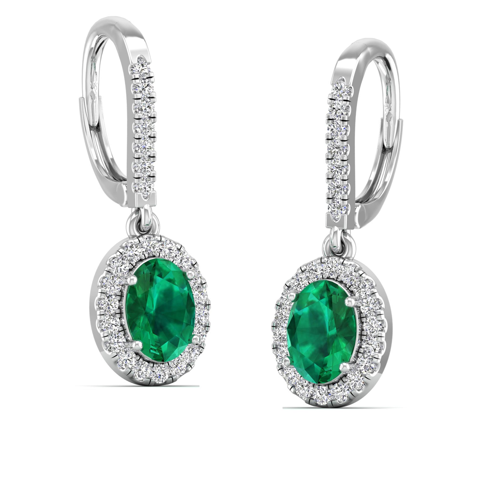 Halo Oval Emerald and Diamond Dangle Earrings