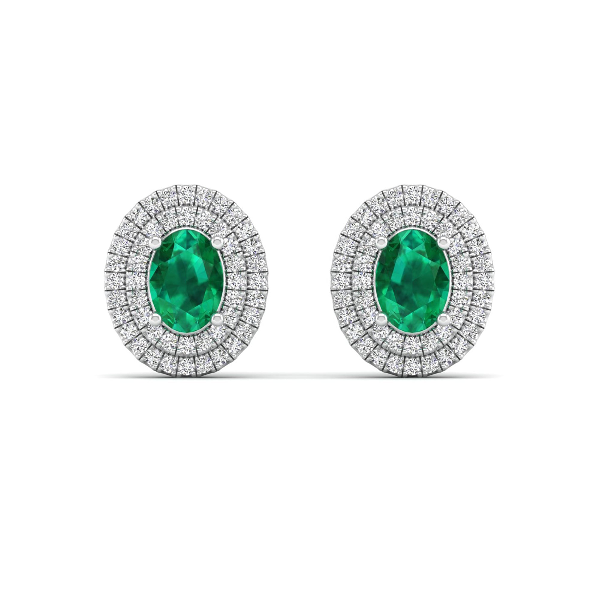 Double Halo Oval Emerald and Diamond Studs Earrings