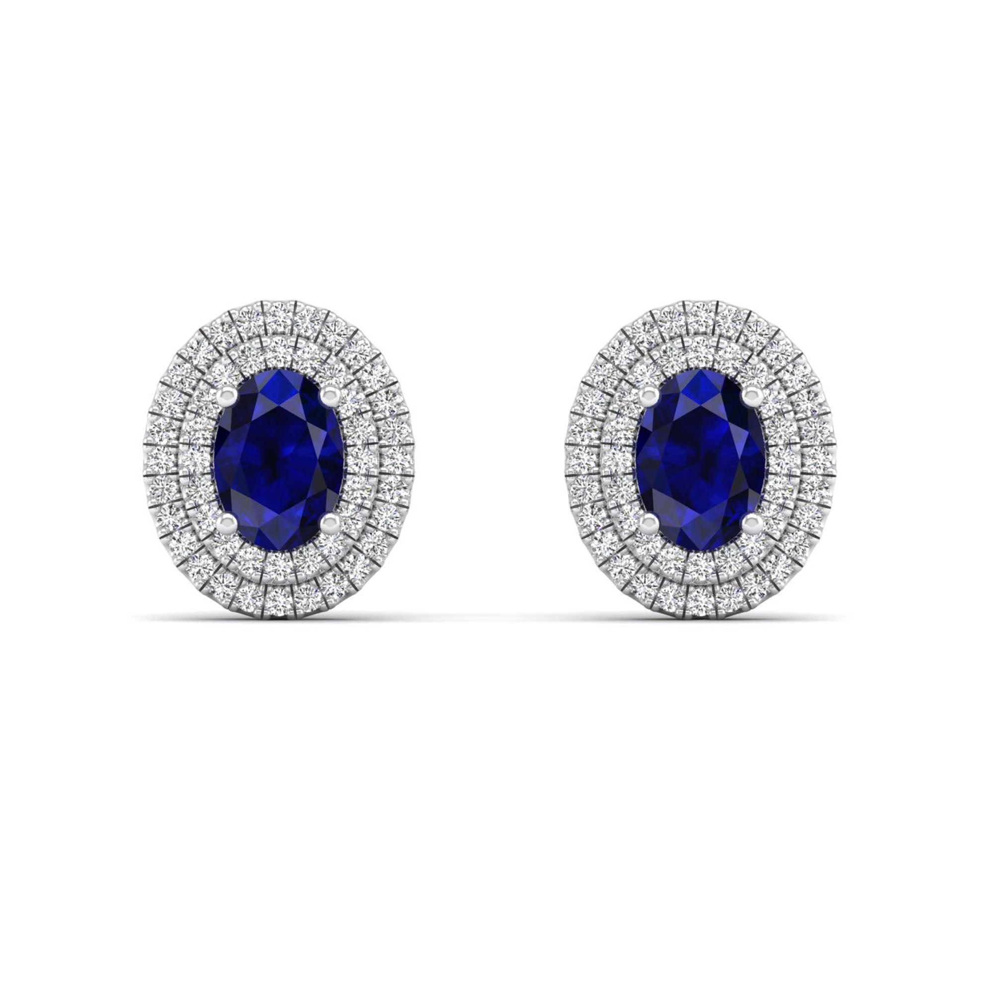 Double Halo Oval Sapphire and Diamond Studs Earrings