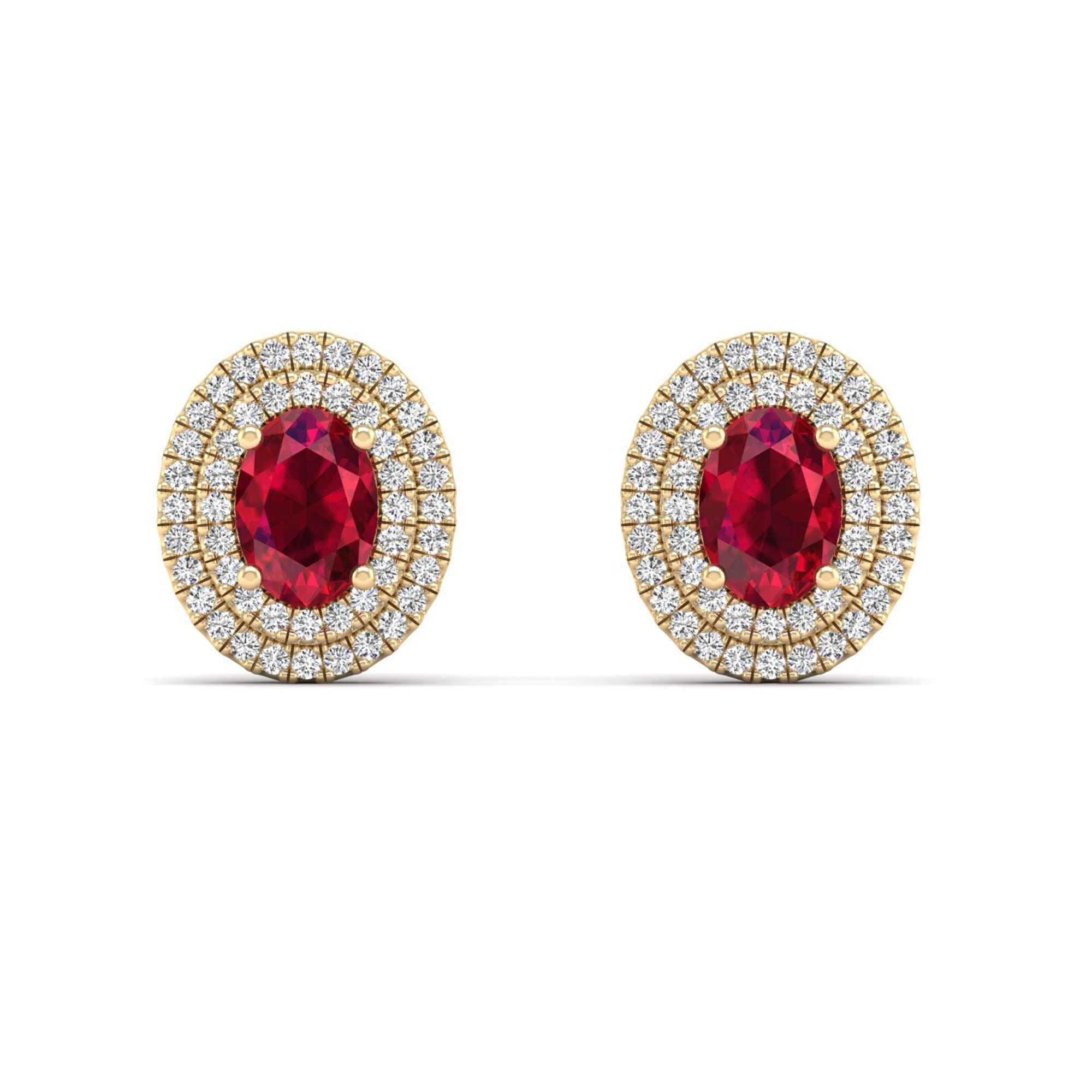 Double Halo Oval Ruby and Diamond Studs Earrings