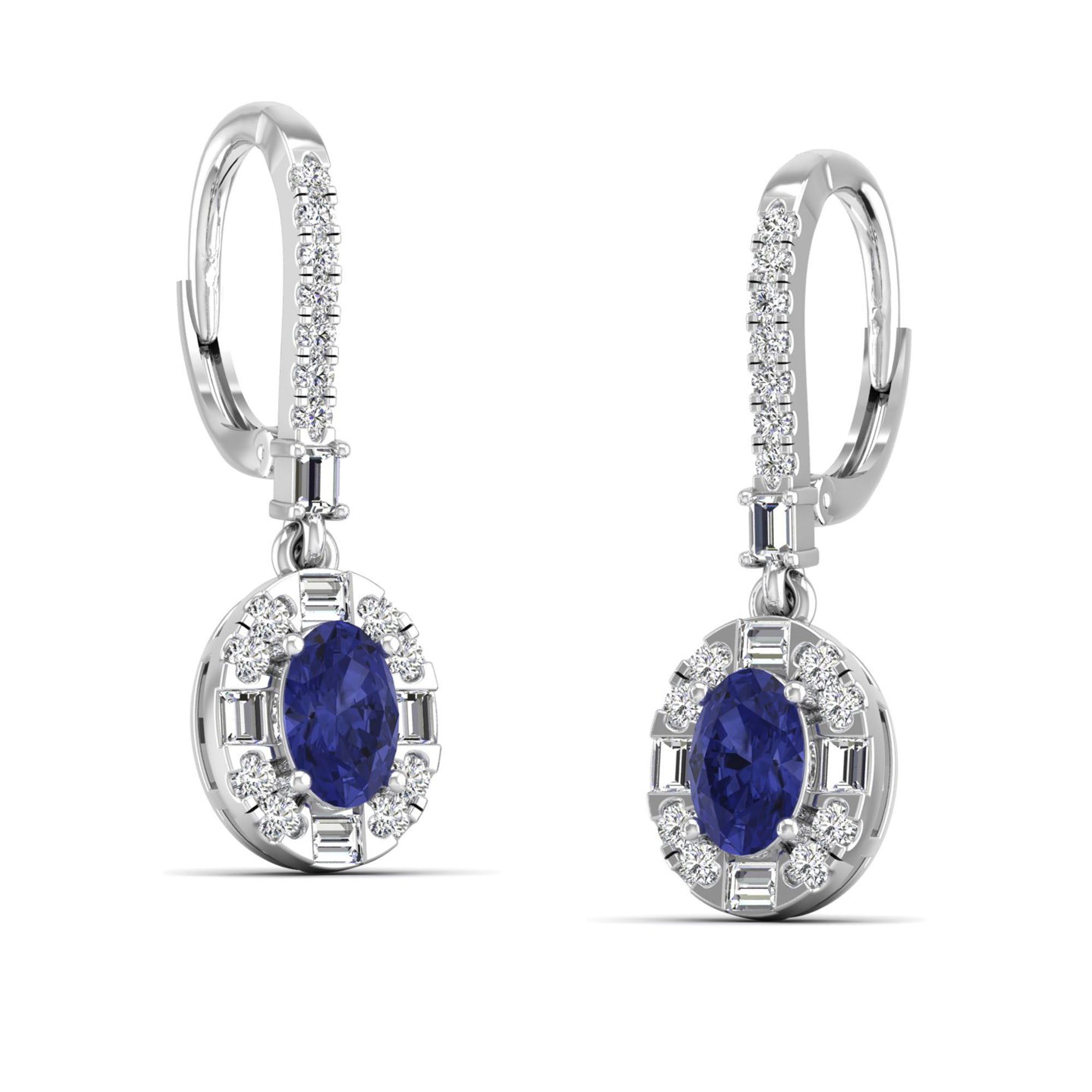Oval Tanzanite Halo Baguette and Round Diamond Dangle Earrings