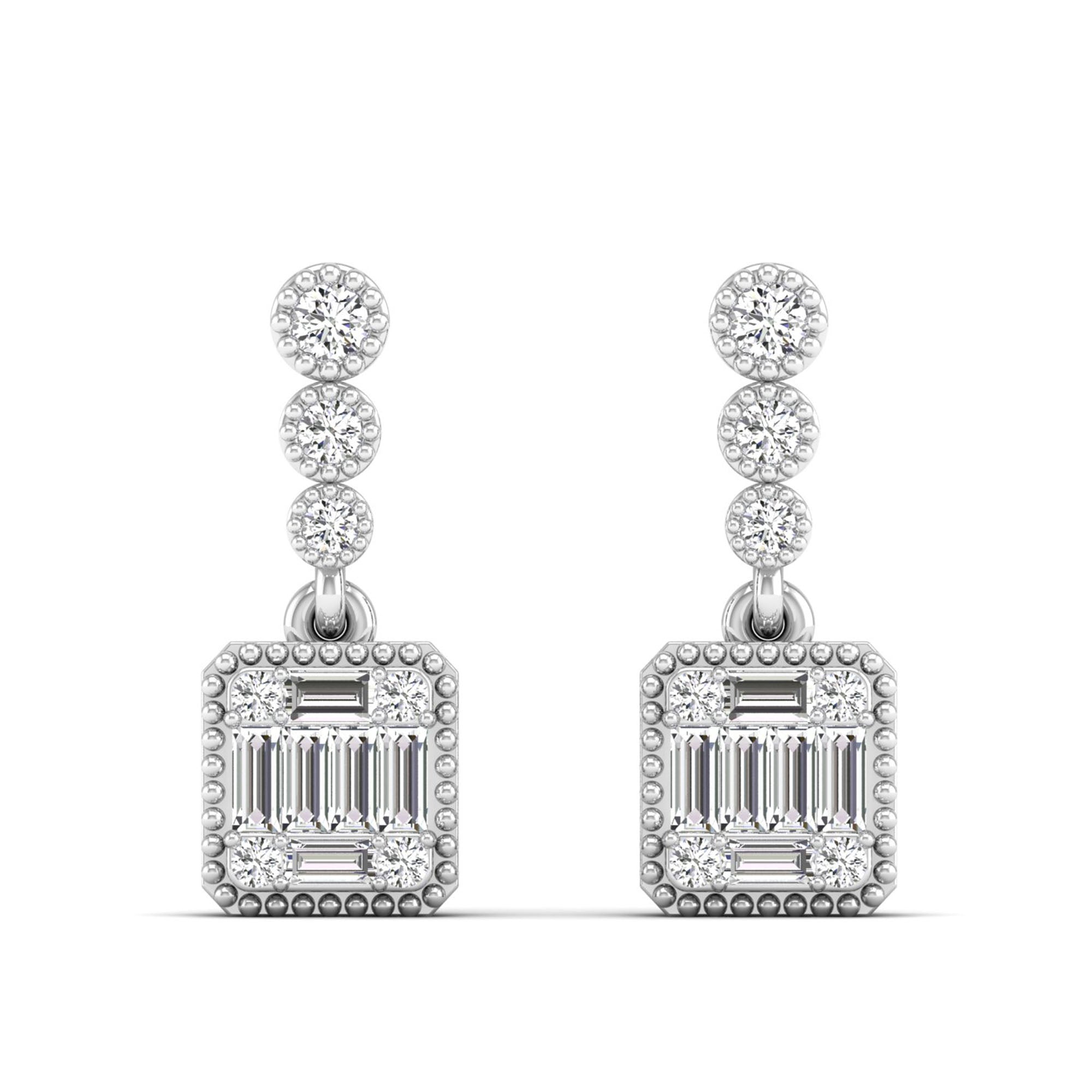 Halo Round and Baguette Diamond Square Stud Earrings