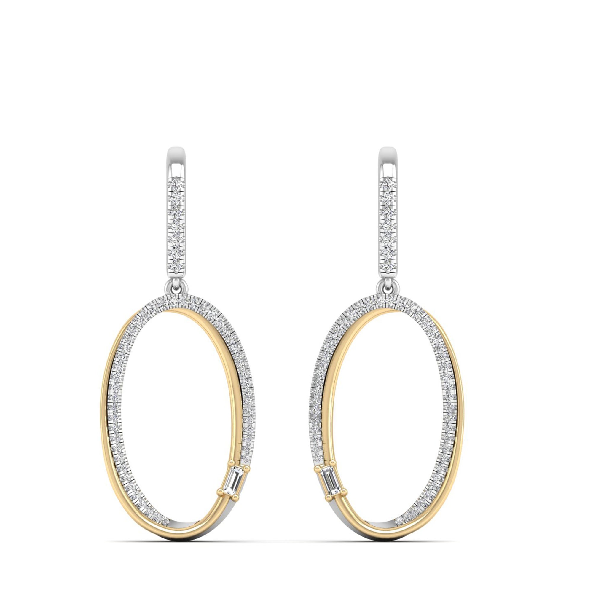 Two-Tone Double Oval Round and Baguette Diamond Dangle Earrings