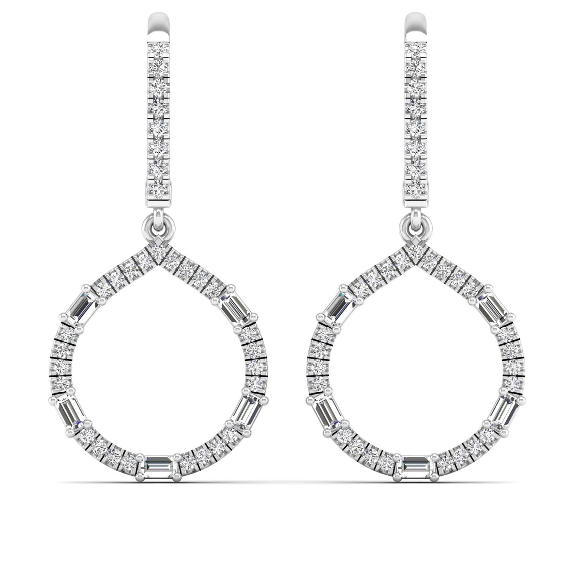 Halo Teardrop Round and Baguette Diamond Dangle Earrings