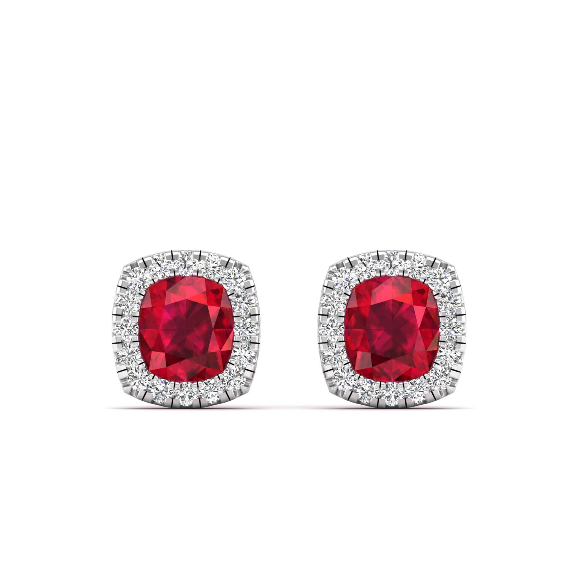 Cushion Ruby with Halo Diamond Stud Earrings