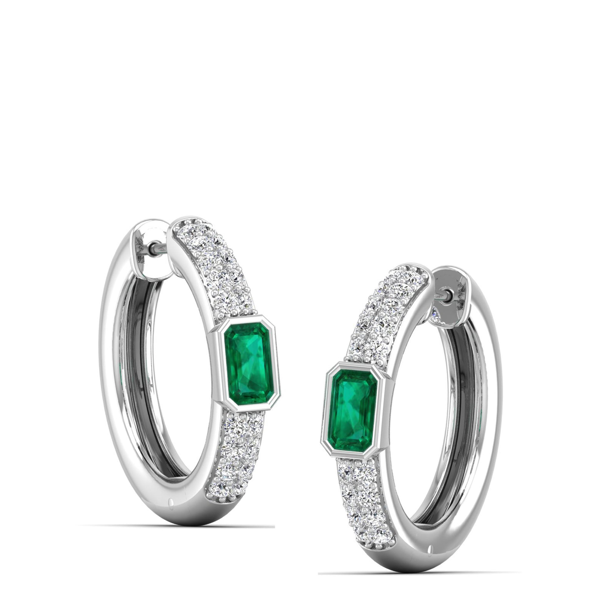 Emerald Bezel Emerald and Double Row Diamond Hoops