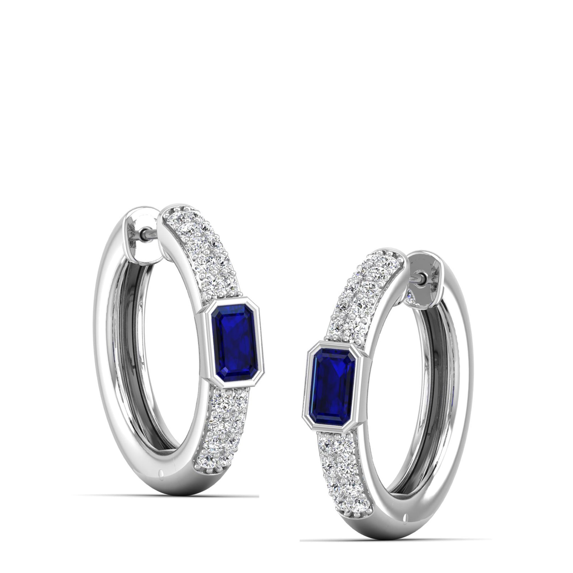 Emerald Bezel Sapphire and Double Row Diamond Hoops