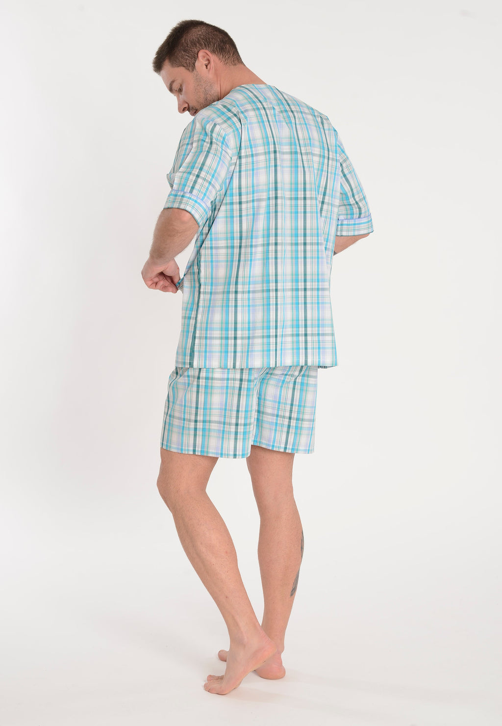 Pijama Hombre Verano Corto Judo Algodón Popelín Cuadros - Azul 4011_40