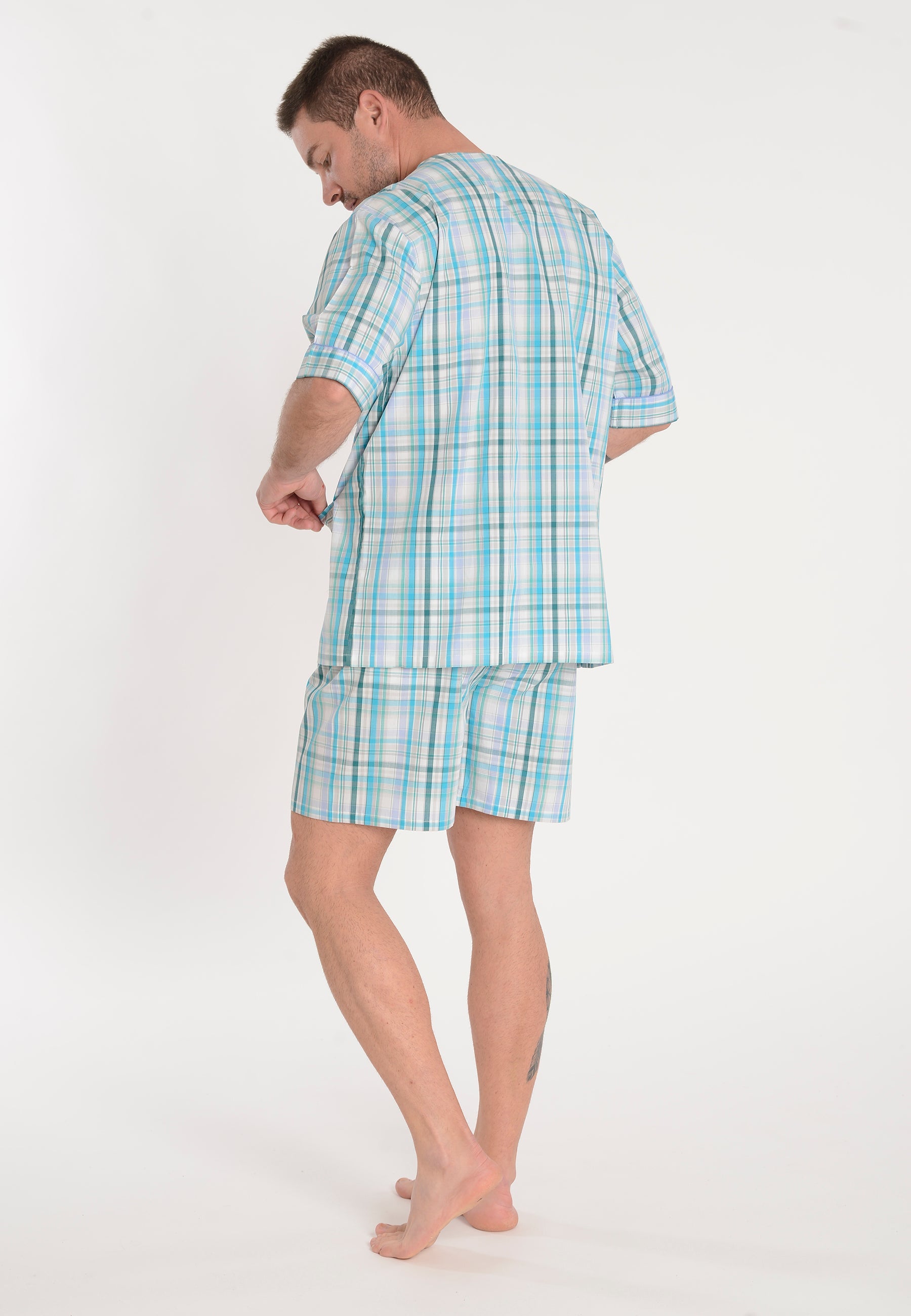Pijama Hombre Verano Corto Judo Algodón Popelín Cuadros - Azul 4011_40