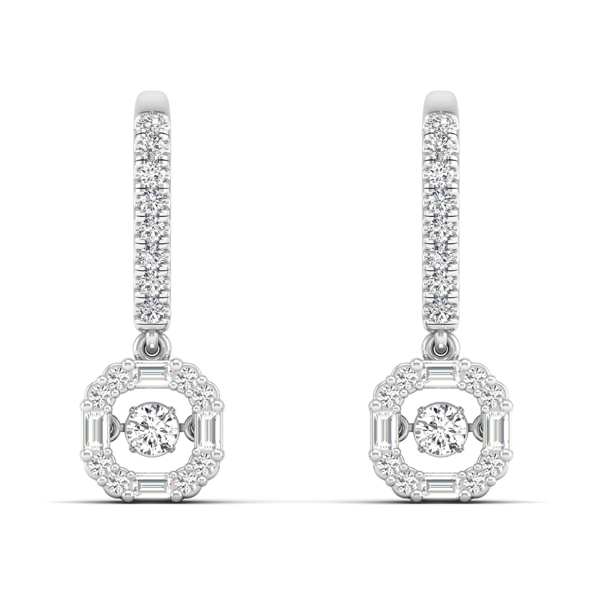 Halo Baguette and Round Dangle Dancing Earrings