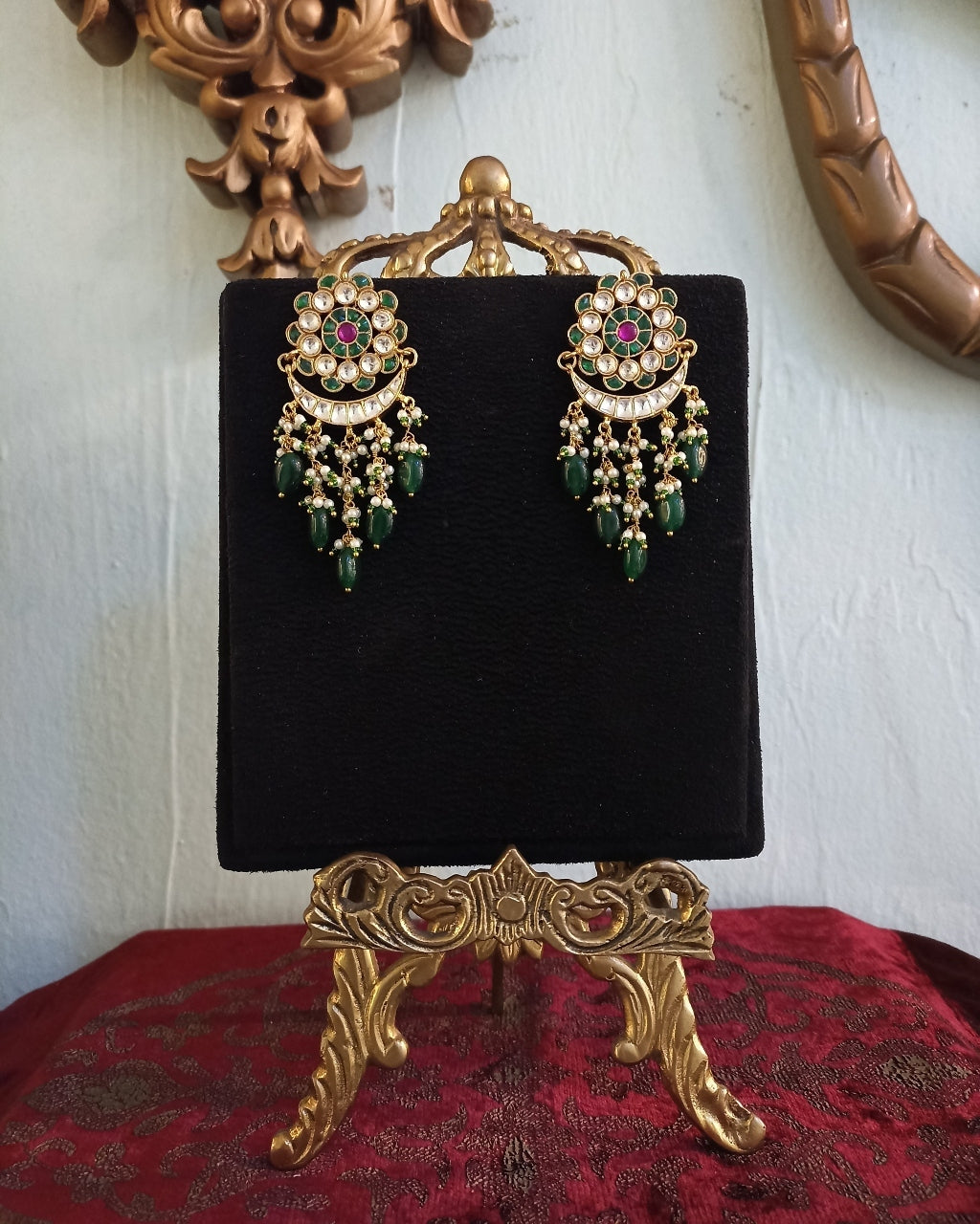 Kundan Earring With Green Pearls By KYNAH, Luxury Indian Fashion & Bridal Wear