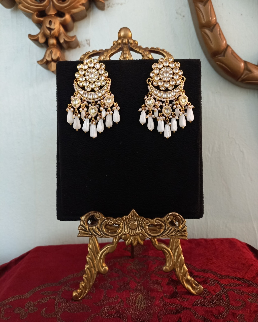 Kundan Earrings With White Pearls By KYNAH, Luxury Indian Fashion & Bridal Wear