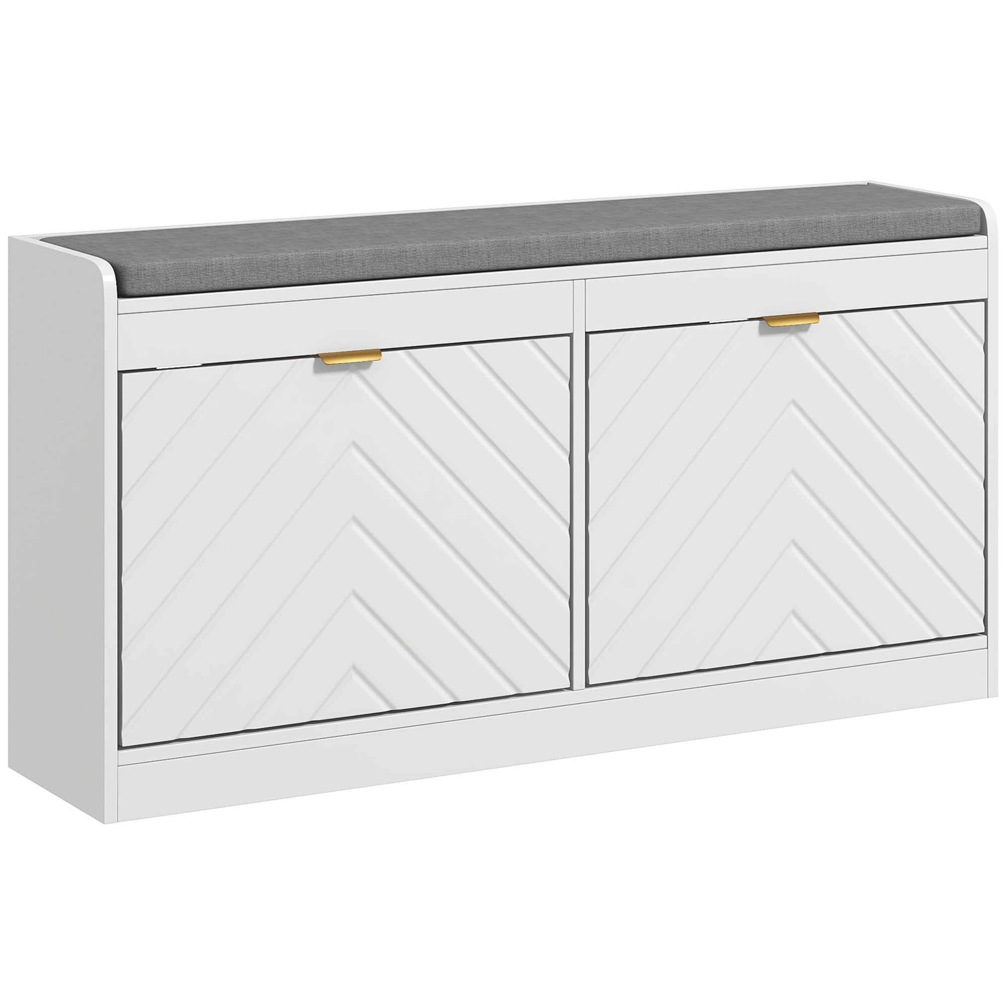 Narrow Entryway Storage Bench with 2 Flip Drawers and 2 Vents for 8 Pairs, White