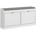 Entrance Shoe Bench with 2 Flip Drawers, Seating Cushion & 4 Vents for 8 Pairs of Shoes, White