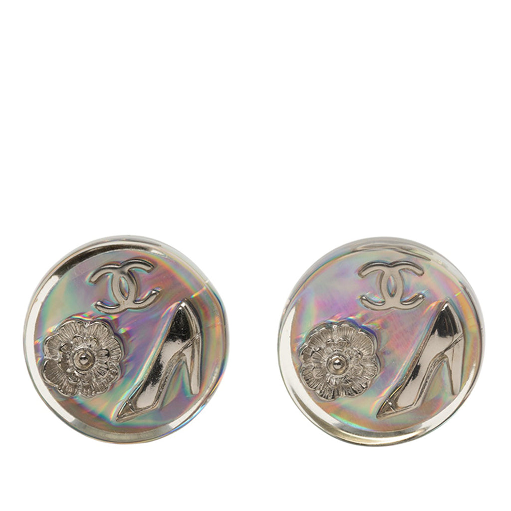 CC Resin Holographic Camellia Round Clip On Earrings