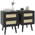 Boho Design Nightstand Set of 2, Side End Table with 2 Drawers for Bedroom, Black