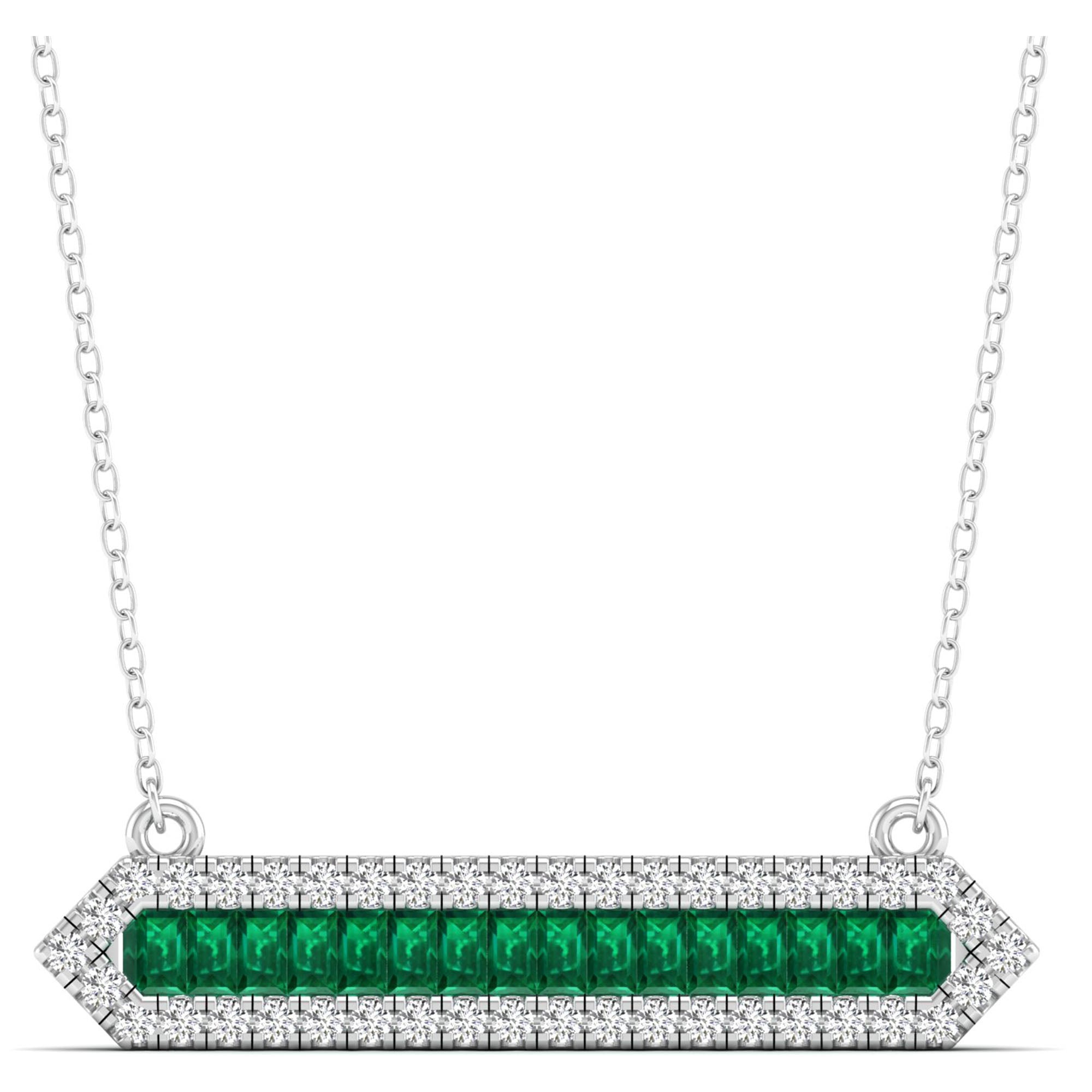 Baguette Emerald & Diamond Halo Bar Necklace