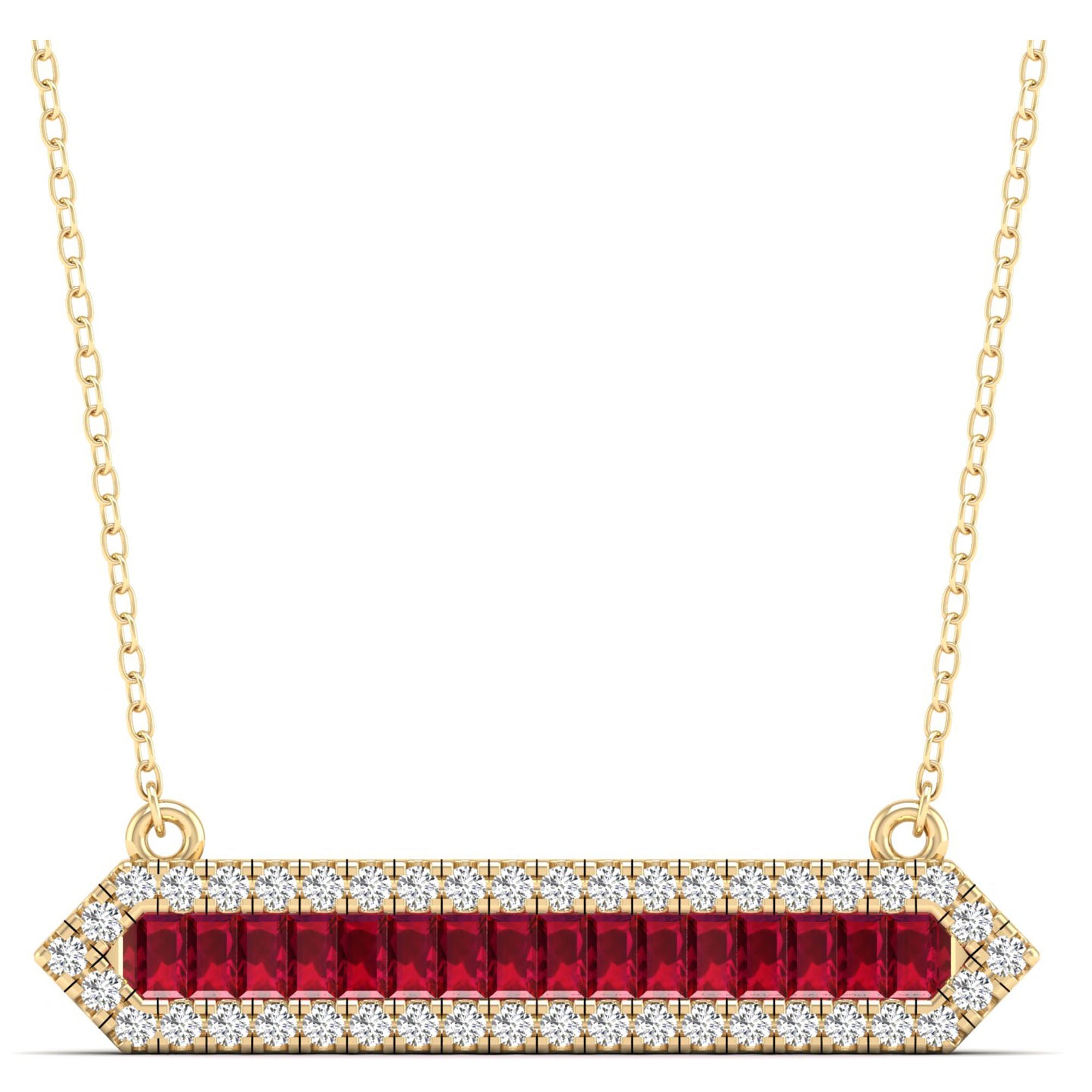 Baguette Ruby & Diamond Halo Bar Necklace