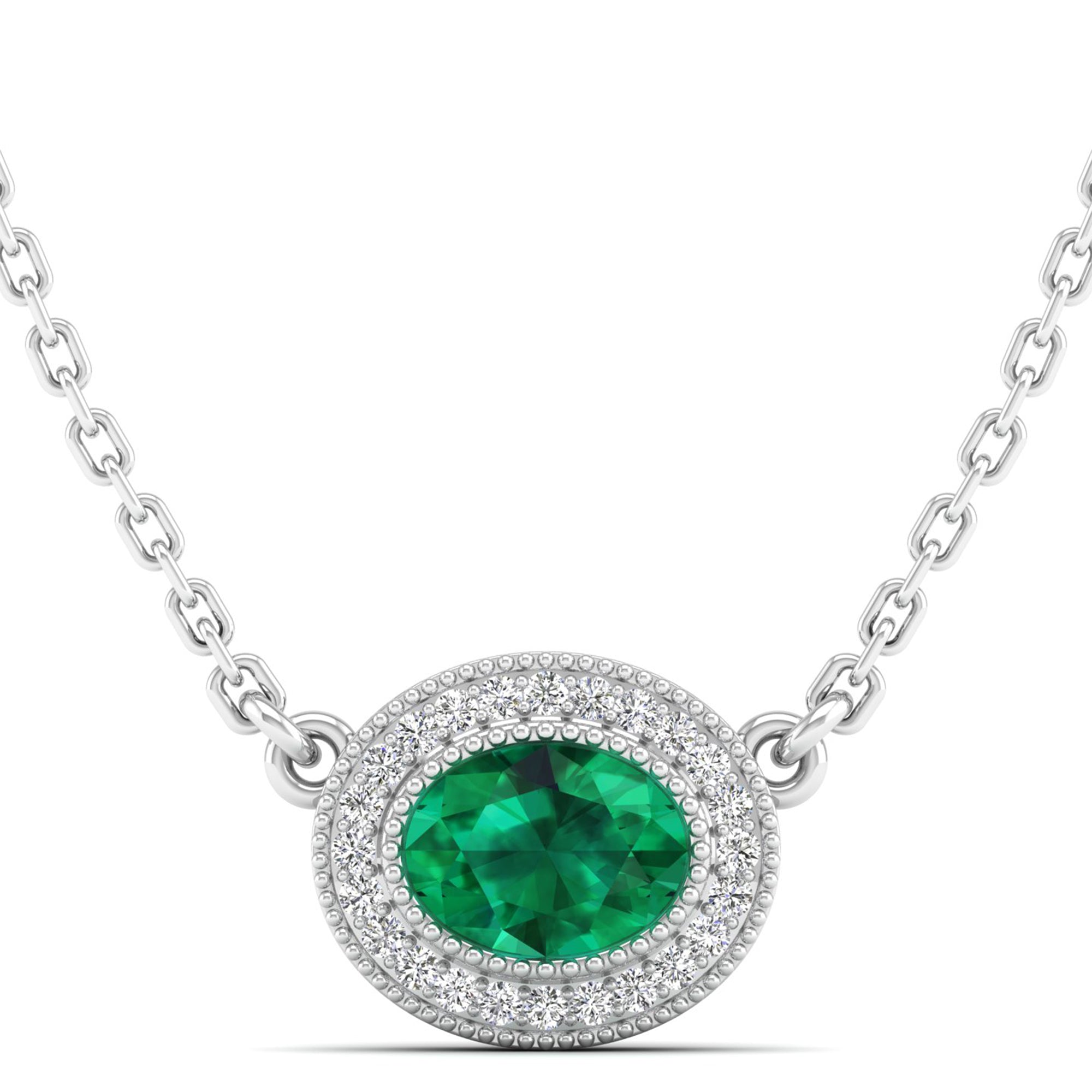 East-West Oval Emerald with Diamond Halo Necklace