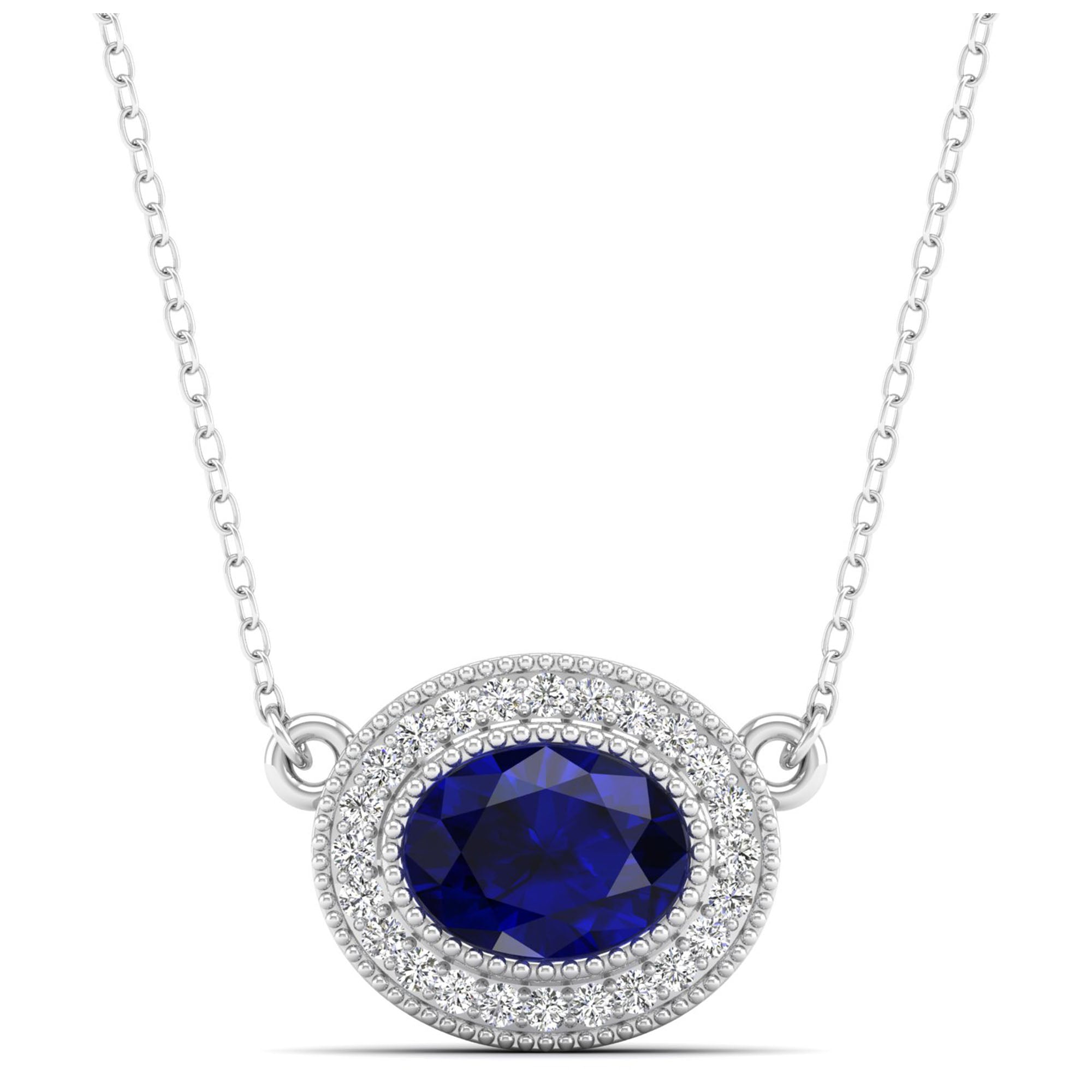 East-West Oval Sapphire with Diamond Halo Necklace