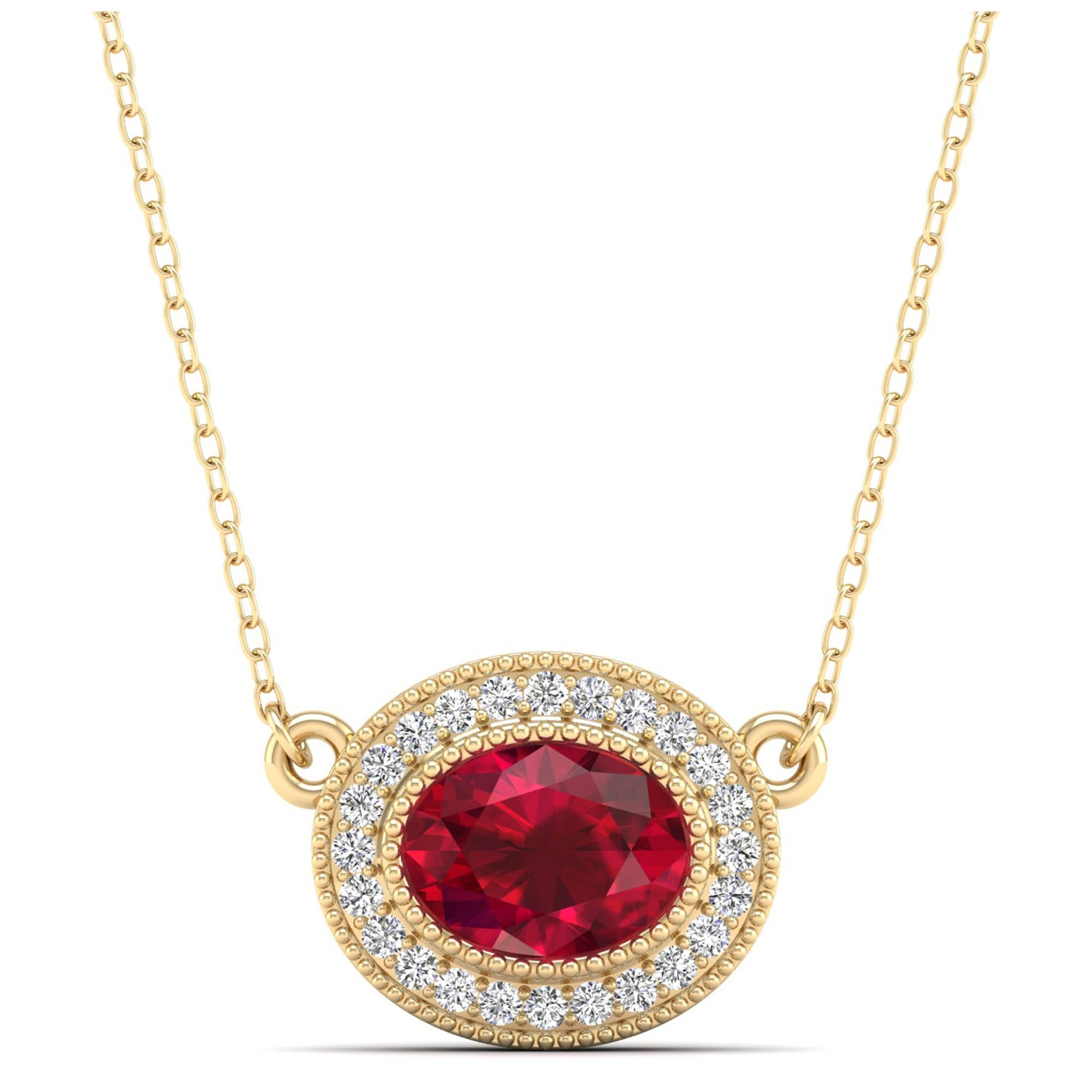 East-West Oval Ruby with Diamond Halo Necklace
